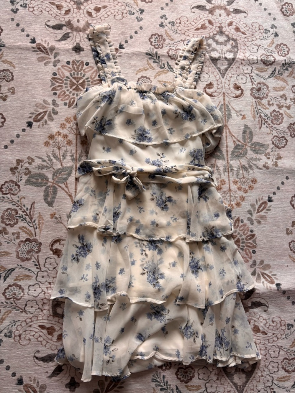 Dex Cream and Blue Floral Ruffle Tiered Dress
